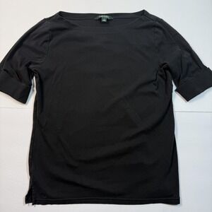 Lauren Ralph Lauren Shirt‎ Womens Large Black Boat Neck Cuffed Sleeve Stretch
